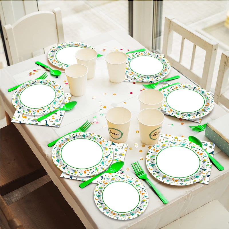Wiooffen 96 Pcs Dinosaur Party Plates Napkins Watercolor Dinosaur Birthday Tableware Supplies Set Cartoon Dinosaur Disposable Dinnerware Decoration for Birthday Party Baby Shower, 24 Guests - Image 5